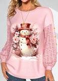 Christmas Lace Snowman Print Long Sleeve Round Neck Sweatshirt