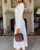 Round Neck Elegant Long Sleeve Dress In White