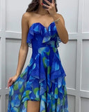 Sleeveless tube top ruffled printed dress