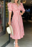 Pink Stripe Puff Sleeve Dress