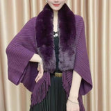 Winter Knit Fringe Fur Collar Shawl