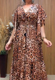 V Neck Loose Sleeves Printed Dress Leopard