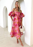 Off Shoulder Midi Dress - Pink Jacquard