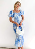Mydia Off Shoulder Midi Dress - Blue Flowers