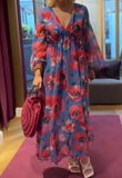 Blue Red Flower Chiffon Dress