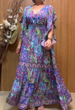 V Neck Loose Sleeves Printed Dress Purple