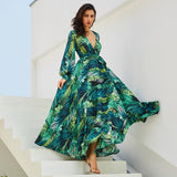 Sexy deep V printed dress green leaf long skirt