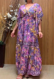 V Neck Loose Sleeves Printed Dress Light Purple