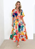 Floral print puff sleeve A-line long skirt elegant dress