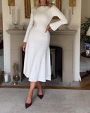 Round Neck Elegant Long Sleeve Dress In White