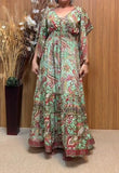 V-neck Loose Sleeve Printed Dress Green