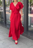 Red Silk Ruffle Neck Dress