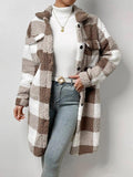 Button Front Lapel Plush Plaid Long Jacket