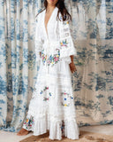 Luxe Floral Embroidery Lace Insets Kimono Sleeves Mesh Tulle Dress