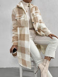 Button Front Lapel Plush Plaid Long Jacket