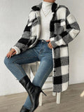 Button Front Lapel Plush Plaid Long Jacket