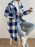 Button Front Lapel Plush Plaid Long Jacket