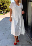 White Cotton Linen Short Sleeve Dress