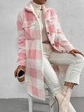 Button Front Lapel Plush Plaid Long Jacket