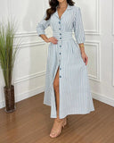 Lapel Striped Print Shirt Dress