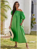 Cotton A Line Ruched Belted One Shoulder Maxi Dress