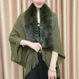 Winter Knit Fringe Fur Collar Shawl