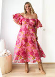 Off Shoulder Midi Dress - Pink Jacquard