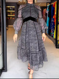 Elegant Gray Crew Neck Pearl Print Tulle Dress