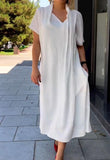 White Cotton Linen Short Sleeve Dress