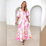 Floral print puff sleeve A-line long skirt elegant dress