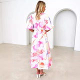 Floral print puff sleeve A-line long skirt elegant dress