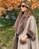 Khaki elegant fur collar coat