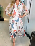 Elegant Lapel Butterfly Print Dress