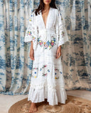 Luxe Floral Embroidery Lace Insets Kimono Sleeves Mesh Tulle Dress