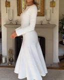 Round Neck Elegant Long Sleeve Dress In White