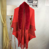 Winter Knit Fringe Fur Collar Shawl