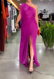 Elegant one-shoulder gown with cape