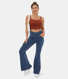 Stretchy Denim High Waisted Crossover Flare Pants