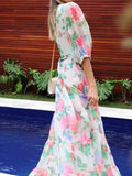 Elegant V neck Half-sleeves Floral Dress