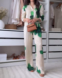 Lapel Printed Top and Drawstring Printed Pants Two-piece Set