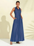 Solid Lapel Button Up Maxi Dress