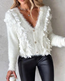 Floral Pattern Beaded Fuzzy Knit Cardigan
