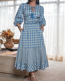 Blue Gingham Chic V neck Dress