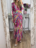 Colorful Printed Pleated Midi Dress