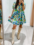 Stand Collar Floral Short Dress