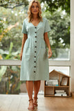 Casual V-neck Button Pocket Short Sleeve A-line Midi Dresses