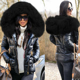 Winter Black Woman Jacket Fur Hooded Long Sleeve Thick Coats