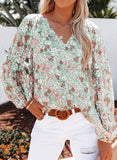 V-neck Lantern Sleeve Floral Chiffon Shirt