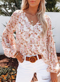 V-neck Lantern Sleeve Floral Chiffon Shirt