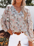 V-neck Lantern Sleeve Floral Chiffon Shirt